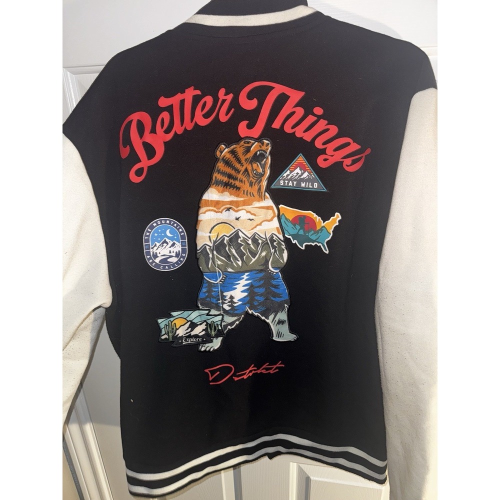 Men's Varsity Jacket Bear Graphic Better Things Black White Snap Up US - Picture 6 of 7